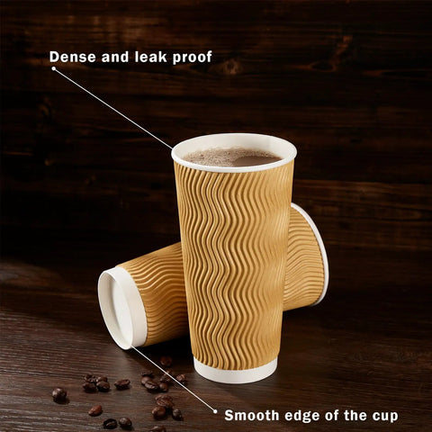 90 Pack 16 Oz Disposable Coffee Cups No Lids Insulated Ripple Wall Champagne Corrugated Paper Cups with coffee inside