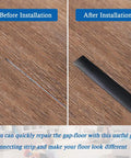Before and after installation of the Self Adhesive Floor Transition Strip For Laminate And Vinyl 2 Inch Wide 10 Feet Long Black PVC Edge Strip Durable And Easy To Clean Low Profile Floor Gap Filler No Fuss Peel And Stick Install Keeps Edges Smooth And Safe, showing floor gap filled with black strip.