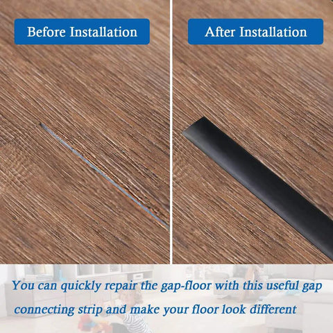Before and after installation of the Self Adhesive Floor Transition Strip For Laminate And Vinyl 2 Inch Wide 10 Feet Long Black PVC Edge Strip Durable And Easy To Clean Low Profile Floor Gap Filler No Fuss Peel And Stick Install Keeps Edges Smooth And Safe, showing floor gap filled with black strip.