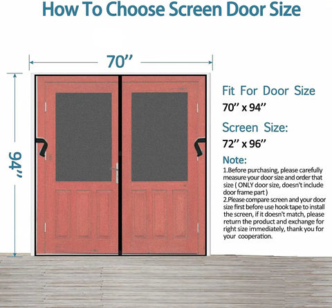 Diagram showing Magnetic Screen Door 70x95 Inches Fits French Entry Interior and Patio Doors Snap On Mesh Curtain