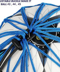 Close-up of adjustable blue nylon loops on Hand Free Soccer Kick Trainer Solo Juggling Ball With Secure Lock Design.