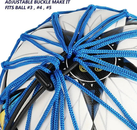 Close-up of adjustable blue nylon loops on Hand Free Soccer Kick Trainer Solo Juggling Ball With Secure Lock Design.