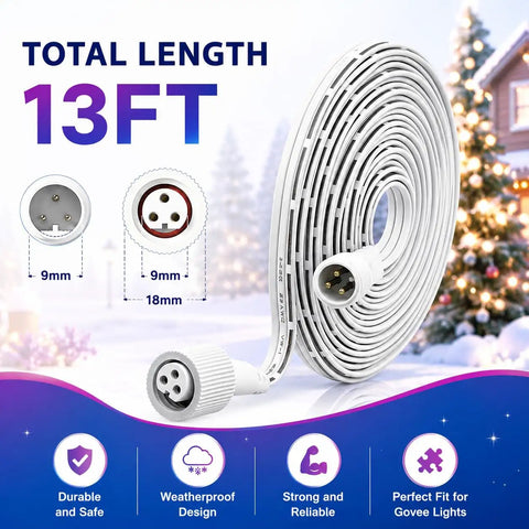Two Pack 13 Foot IP68 Waterproof 3 Pin Extension Cables For Smart Outdoor String Lights, showcasing 13ft white wire with connectors.