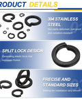 M8 Stainless Steel Split Lock Washers With Black Coating, 304 Grade, detailed view showing size and split lock design in packaging.