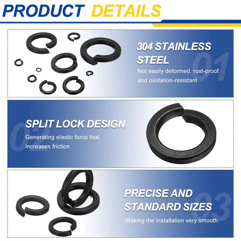 M8 Stainless Steel Split Lock Washers With Black Coating, 304 Grade, detailed view showing size and split lock design in packaging.