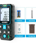 Laser Measuring Tool With 393ft Range, Backlit LCD, IP54 Waterproof shown with accessories: batteries, hand strap, manual, storage bag