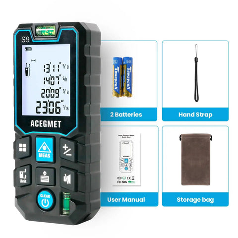 Laser Measuring Tool With 393ft Range, Backlit LCD, IP54 Waterproof shown with accessories: batteries, hand strap, manual, storage bag