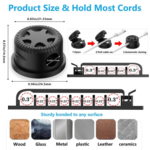 Boss Level Cable Management Kit For TV And Office with dimensions and surface compatibility details.
