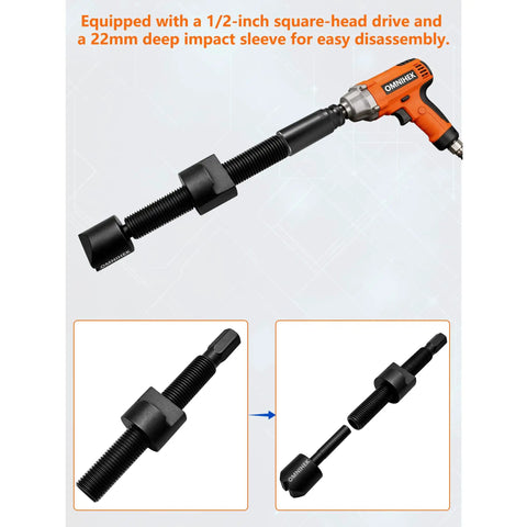 Heavy-Duty 5-Piece Dual Wheel Separator Kit with 11-Thread Pusher and 22 mm Deep Impact Socket in use