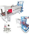 Heavy Duty Two In One Tabletop Shrink Wrap Machine For Bottles And Flat Packs, large, white, with measuring dimensions and tools for setup.
