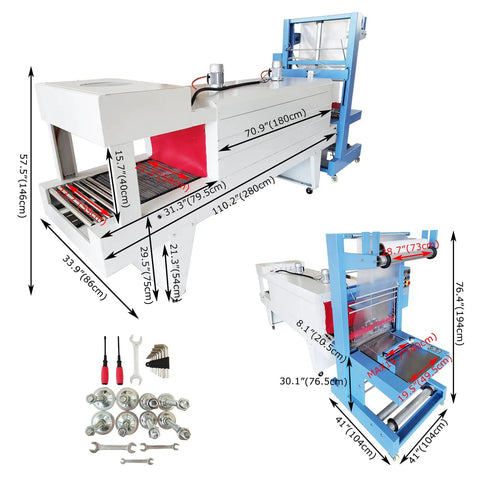 Heavy Duty Two In One Tabletop Shrink Wrap Machine For Bottles And Flat Packs, large, white, with measuring dimensions and tools for setup.