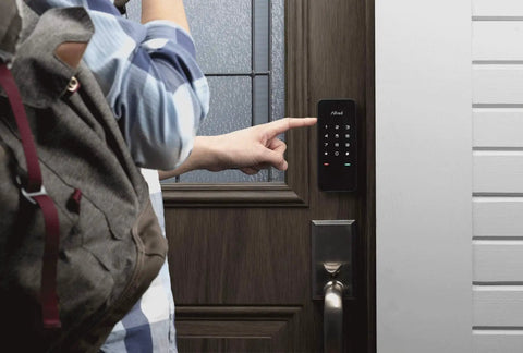 Person using Touchscreen Smart Door Lock With Keypad And Bluetooth Motorized Deadbolt One Tap Entry Easy Setup Remote App Control See Who Entered And When 20 Unique Access Codes Black DB1 on wooden door