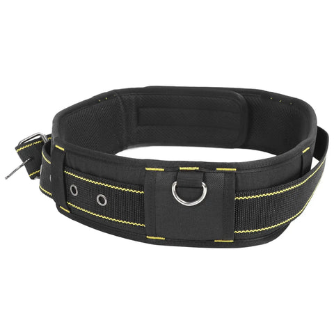Heavy Duty Adjustable Tool Belt With Quick Release Buckle And Roomy Pouches Crafted From Tough 1200D Oxford Cloth, black and yellow design.