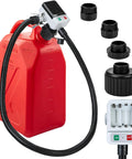 Battery Powered Fuel Transfer Pump With Auto Stop featuring a red gas can, 51-inch hose, and 4 adapters for gasoline diesel water