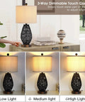 Touch Control Rattan Table Lamps Set Of 2 With 3 Way Dimming USB Ports And AC Outlet, demonstrated in low, medium, and high light.