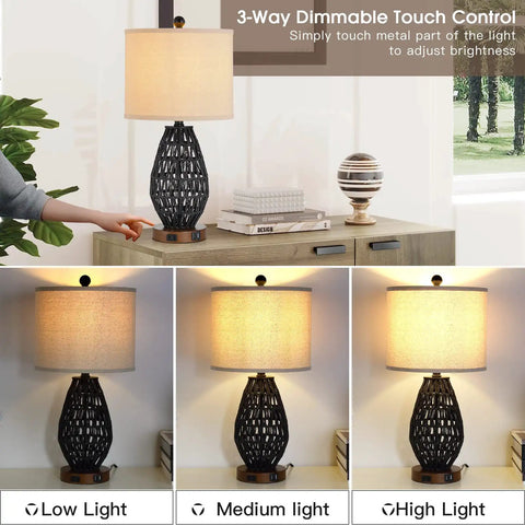 Touch Control Rattan Table Lamps Set Of 2 With 3 Way Dimming USB Ports And AC Outlet, demonstrated in low, medium, and high light.