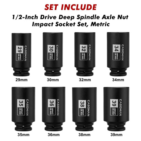 One Half Inch Drive Deep Axle Nut Impact Socket Set 12 Point Metric CR MO Heavy Duty displayed with sizes 29 to 39 mm