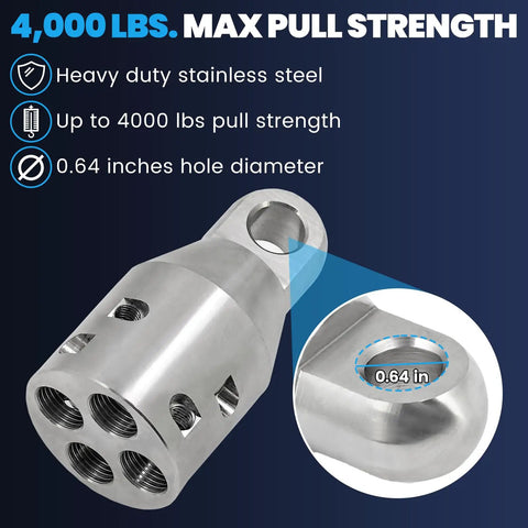 Close-up of Heavy Duty 4000 Lbs Max Pull Strength Wire Pulling Grip Attachment Head showing four cable slots and 0.64 inches hole diameter.