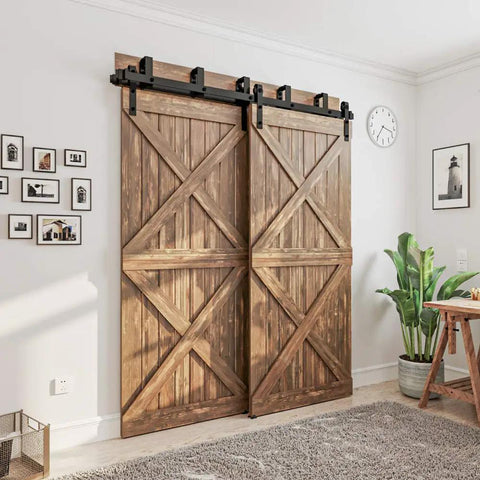 Heavy Duty Metal Sliding Barn Door Hardware Kit For Bypass Systems, 4Ft To 16Ft Rail, Wall Mount Bracket For Double Wooden Doors, Frosted Black Carbon Steel, Fireproof, Waterproof, Rustproof, Easy Install