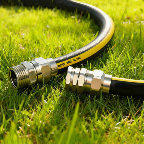Solid Brass Five Eighths Inch Garden Hose Repair Kit with Heavy Duty Male and Female Ends on lawn