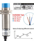 Capacitance Proximity Sensor Switch 1 To 10 Millimeter Sensing Range NPN Normally Closed DC 10 To 30 V M18 3 Wire Cylindrical Sensor with wire chart and material ratio graph.