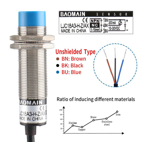 Capacitance Proximity Sensor Switch 1 To 10 Millimeter Sensing Range NPN Normally Closed DC 10 To 30 V M18 3 Wire Cylindrical Sensor with wire chart and material ratio graph.