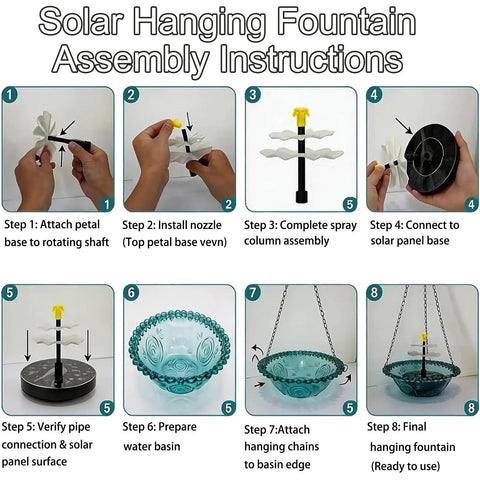 Step-by-step assembly instructions for Hanging Solar Bird Bath Fountain With Glass Bowl Outdoor Garden Water Feature