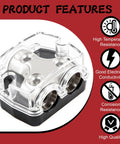 Power Distribution Block For Car Audio With One 0 Gauge In And Two 0 Gauge Out, clear top view, black base