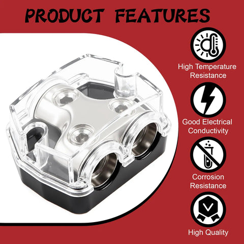 Power Distribution Block For Car Audio With One 0 Gauge In And Two 0 Gauge Out, clear top view, black base