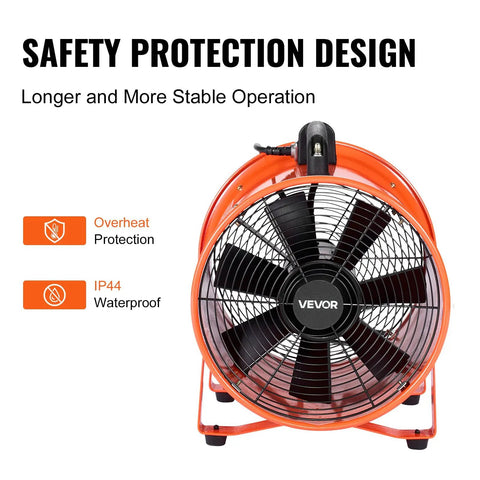 Front view of VEVOR Portable Ventilator with Hose, 2 Speed, 12 Inch Utility Blower, showing safety protection design features