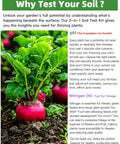 Radishes growing in soil with text about benefits of Two In One PH And Nitrogen Soil Test Kit For Home Gardens And Lawns.