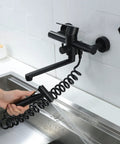 Wall Mount Kitchen Faucet In Matte Black With Side Sprayer, Heavy Duty Stainless Steel Commercial Mixer Tap, 8 Inch Center To Center