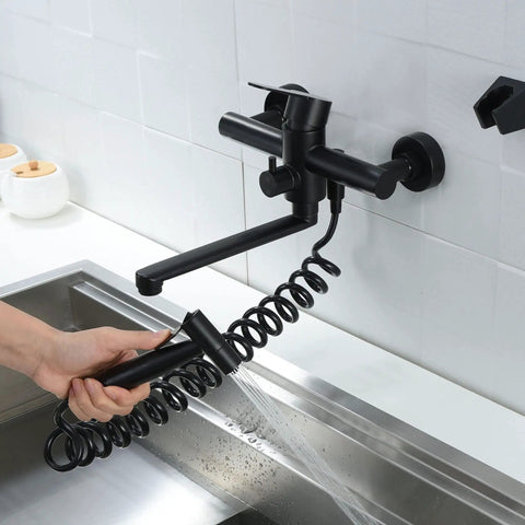 Wall Mount Kitchen Faucet In Matte Black With Side Sprayer, Heavy Duty Stainless Steel Commercial Mixer Tap, 8 Inch Center To Center