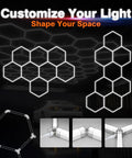 Eight Hexagon Garage Light With 350W 5000K Daylight LED, modular honeycomb design, customizable for garages and workshops.