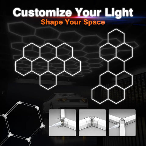 Eight Hexagon Garage Light With 350W 5000K Daylight LED, modular honeycomb design, customizable for garages and workshops.