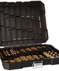 Pro Grade 230 Piece Titanium Twist Drill Bit Set With 135 Degree High Speed Steel Tips in open heavy duty storage case