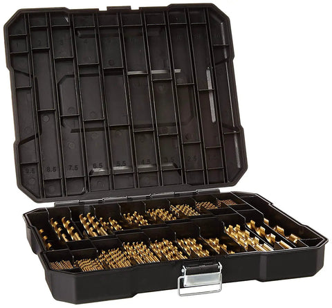 Pro Grade 230 Piece Titanium Twist Drill Bit Set With 135 Degree High Speed Steel Tips in open heavy duty storage case