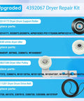 Upgraded 4392067RC Dryer Repair Kit With WPW10314173 Drum Roller, 661570V Belt, And 279640 Idler Pulley parts diagram