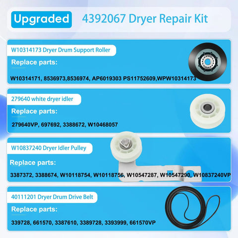 Upgraded 4392067RC Dryer Repair Kit With WPW10314173 Drum Roller, 661570V Belt, And 279640 Idler Pulley parts diagram