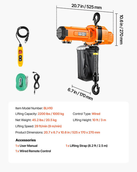 Heavy Duty 2200 Lbs Electric Chain Hoist With 10 Ft Lift, 120V Single Phase Motor, G100 Grade Steel Cable, smooth construction and wired remote included.
