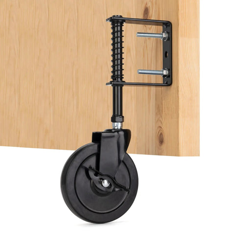 Heavy Duty Gate Caster Wheel With Side Brake, Spring Loaded Drag Wheel With 360 Degree Swivel, 200 Lb Capacity on wooden gate