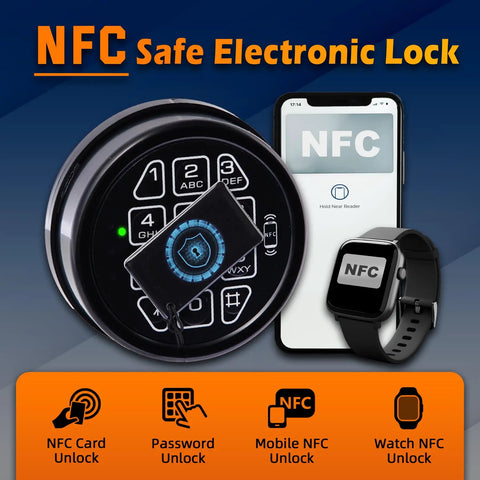 Hella Secure Smart Nfc Mobile Control Safe Electronic Lock Replacement Keypad with NFC card and phone app display.