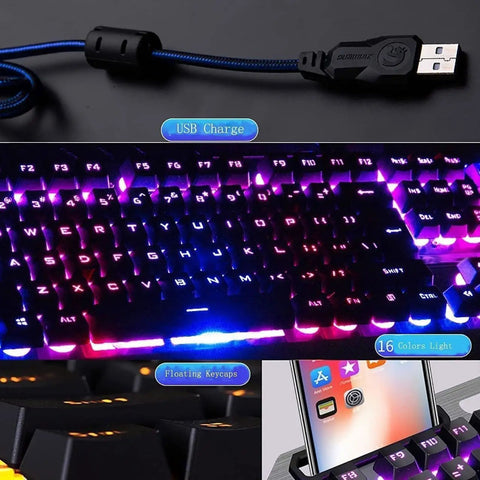 Sick RGB Backlit Mechanical Gaming Keyboard With Badass Ergonomic Form Factor And Adjustable Angle Stand, Tight USB Wired Setup For PC Gamers, Resilient Double Molded Keycaps Shield Spills And Wear, featuring a floating keycap design and USB connection.