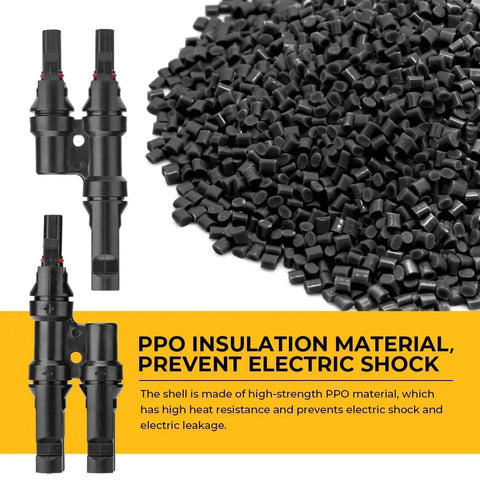 Heavy Duty Solar Y Branch Connector Kit For Paralleling Panels M To FF And F To MM With 2 Pairs, PPO material pellets shown