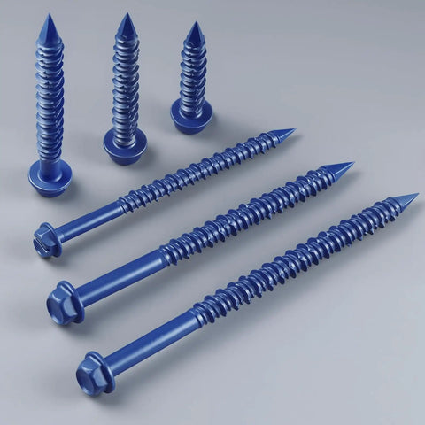 35 Pcs 1/4 X 2-1/4 Inch Concrete Screws Anchor With Drill Bit And Magnetic Driver Bit Included For Brick Stucco And Block Jobs Blue Epoxy Coated Diamond Point Hex Head displayed on a grey background