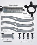 Heavy Duty Hydraulic Bearing Puller With Hand Pump For Serious Wheel Bearing Removal includes puller cylinder, claws, ring, tabs, and screws.