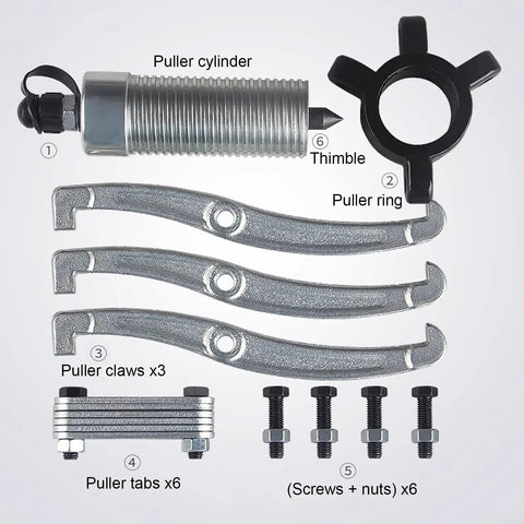 Heavy Duty Hydraulic Bearing Puller With Hand Pump For Serious Wheel Bearing Removal includes puller cylinder, claws, ring, tabs, and screws.
