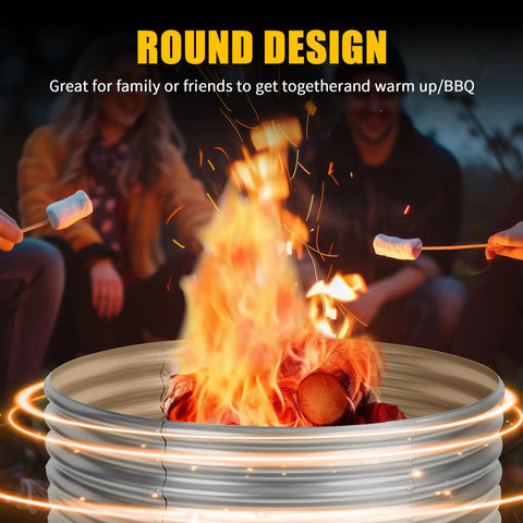 4 Foot Fire Pit Ring Galvanized Steel 48 Inch Wood Burning Ring For Backyard Bonfire And Camping with flames and marshmallows.