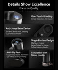Single Dose Burr Coffee Grinder With 46Mm Conical Steel Burrs And 45 Micro Grind Steps, featuring one-touch operation and anti-jump device.