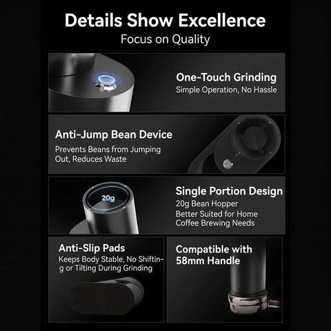 Single Dose Burr Coffee Grinder With 46Mm Conical Steel Burrs And 45 Micro Grind Steps, featuring one-touch operation and anti-jump device.